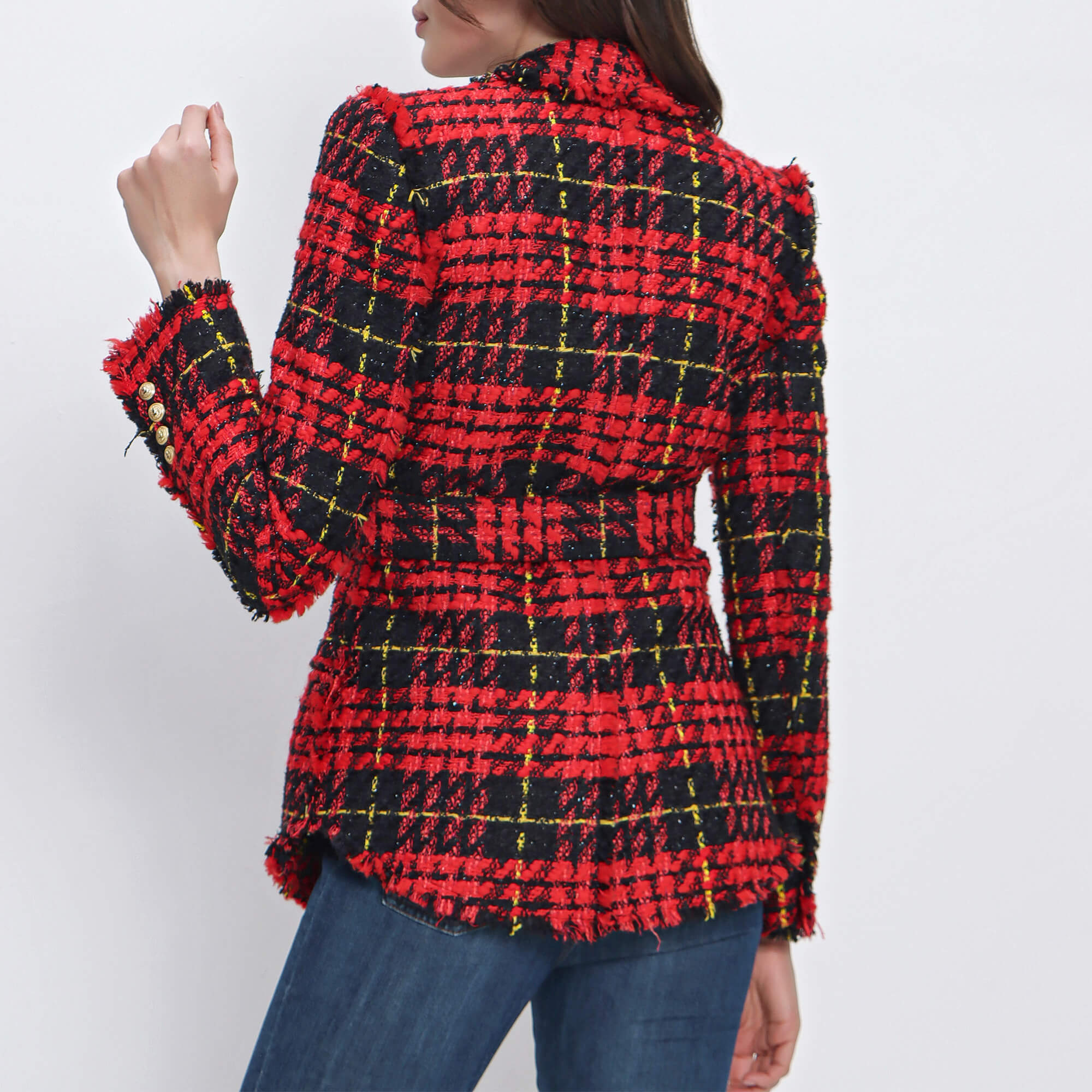 Balmain - Red Tartan Tweed Blazer Jacket